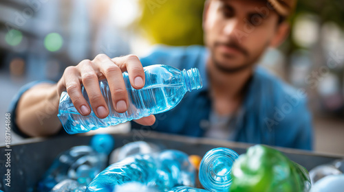 Man throws plastic bottle dumpster, sorting recycling garbage, waste disposal display, urban environmental responsibility, moment public sanitation, activity defocused background, 