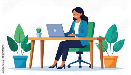 Woman working on a laptop at a desk with plants around