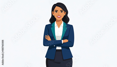 Professional woman in a business suit standing with arms crossed confidently