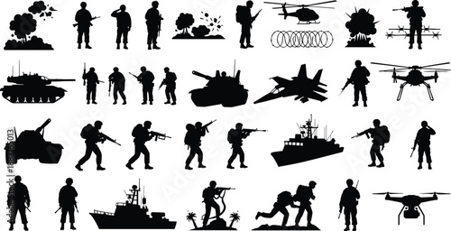   
Military silhouette illustration, black vector design, soldier pose, tank icon, helicopter shape, fighter jet, drone, explosion, combat scene, war concept
