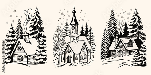 Winter landscape with cozy cabins and a charming church in black and white