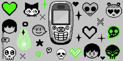 Pixelated collection of retro icons hearts skulls phones and quirky characters