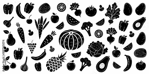 A black and white illustration depicting a variety of fruits and vegetables