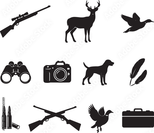 Black silhouettes of hunting equipment, animals, and nature on white background also transparent background
