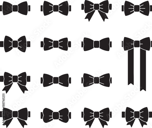 Collection of black bow ties in various styles and orientations on white background also transparent background