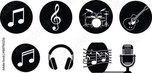 Music icons, audio symbols, musical note, treble clef, drum set, guitar silhouette, headphones, microphone, sound design, black vector