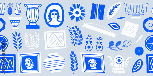 Blue and white neoclassical ornaments and decorative elements pattern backdrop