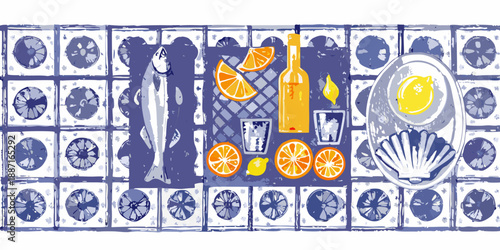 A vibrant still life with citrus fruits fish and a bottle on tiled background