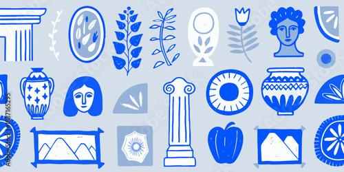 Ancient greek motifs and designs in a repeating blue and white pattern
