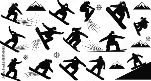 Snowboarding silhouettes, winter sport, mountain icon, snowflakes, dynamic motion, freestyle action, snowboarder pose, black vector, extreme sports, icy terrain