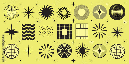 A collection of abstract geometric shapes and patterns on a yellow background