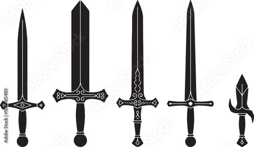 Five Black and White Detailed Swords with Ornate Handles and a Dagger also transparent background