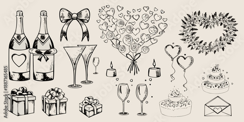 Romantic celebration sketch featuring champagne hearts gifts and festive decorations