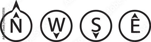 Four circular symbols with directional arrows and letters N W S E in black and white also transparent background