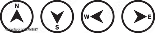 Four compass symbols showing north south east and west directions with black arrows on white background also transparent background