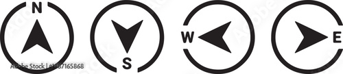 Four compasses with directional arrows pointing north south east and west also transparent background