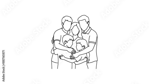 A heartwarming outline illustration capturing a family of four, parents and two children, embracing each other tightly, symbolizing unity and love