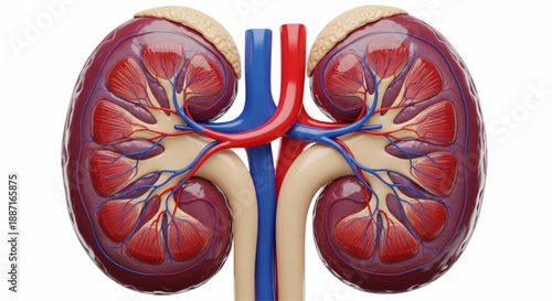 Anatomical 3D Cross-Section of Human Kidneys showing Renal Artery, Vein, and Ureter on White Background