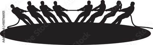 Silhouette of Eight People Engaged in a Tug of War on a Circular Base also transparent background