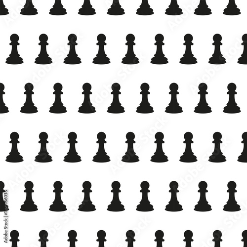 Seamless black chess pawn silhouette pattern on white background. Clean minimal repeating layout with classic game pieces, ideal for strategy-themed design, wallpaper, textile, or modern decor.