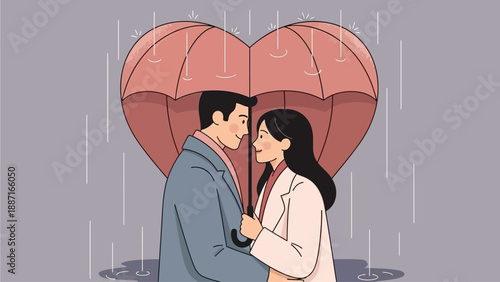 Romantic couple sharing a heart-shaped umbrella in the gentle rain, symbolizing love, protection, and companionship during a cozy moment together