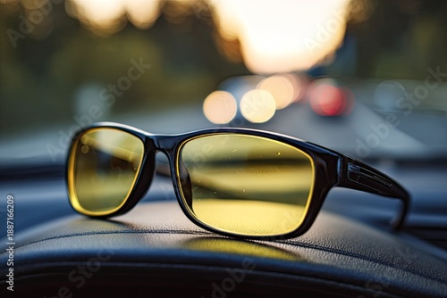 Yellow-lensed sunglasses sit on a car dashboard with a blurred road background