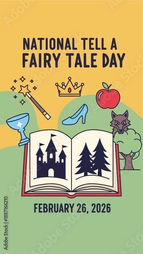 National Tell a Fairy Tale Day poster with magical symbols and book