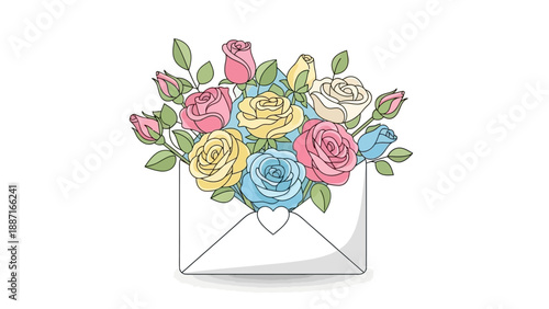 Delightful digital illustration of an open envelope revealing a charming bouquet of colorful pastel roses, symbolizing heartfelt messages and romantic celebrations