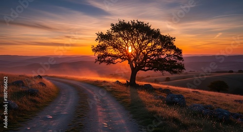 Solitary tree silhouettes against an orange sunset along a winding dirt path through rolling hills