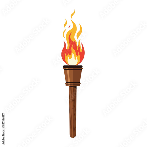 A burning torch with flames, symbolizing passion, held upright, representing inspiration, a symbol of guidance, and fire
