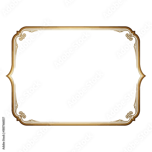 Ornate golden frame with decorative corners and curved edges on transparent background