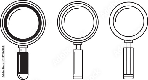 Three magnifying glasses with different levels of detail and shading also transparent background black
