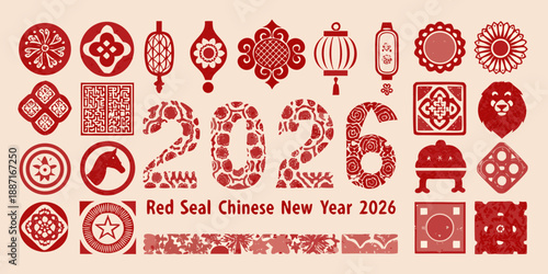 Red seal chinese new year 2026 decorations and traditional symbolic elements