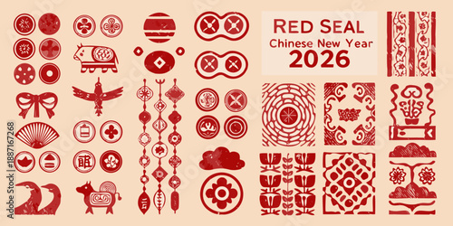 Red seal patterns and traditional chinese new year symbols for 2026