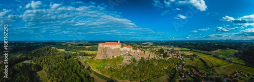 Aerial Landscape Riegersburg Castle Austria Styria Hilltop Fortress Over Green Countryside and Blue Sky