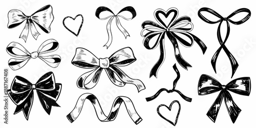 A collection of delicate black and white sketched ribbons and bows
