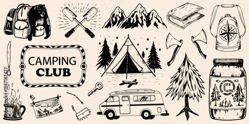 A collection of hand drawn camping and outdoor adventure themed illustrations