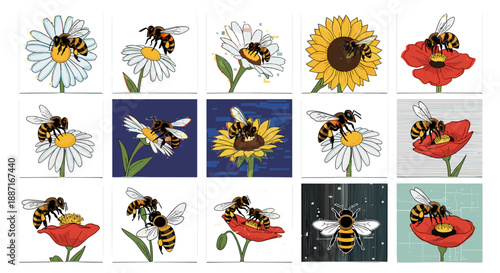 Collection of bees pollinating flowers in various settings and colors