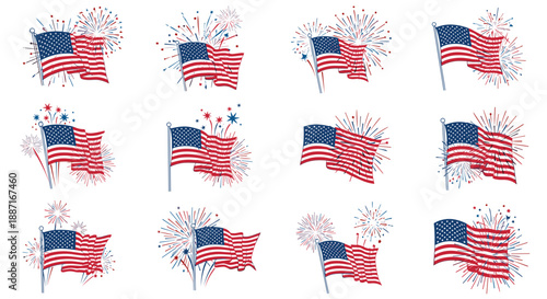 Multiple american flags waving for patriotic theme