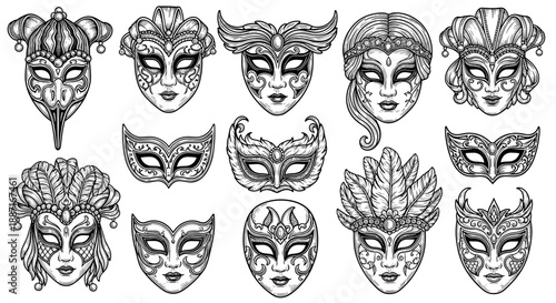 Collection of detailed black and masks with various designs
