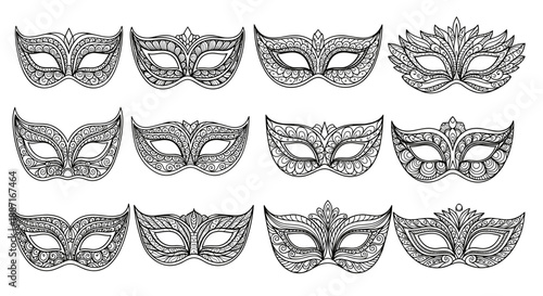 Collection of decorative carnival masks with intricate designs and details