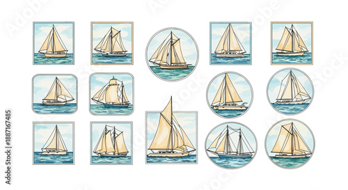 Collection of various sailboats and ships the water in different sizes