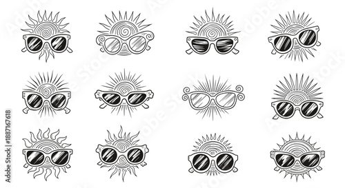 Collection of sunglasses with various styles and sunburst backgrounds