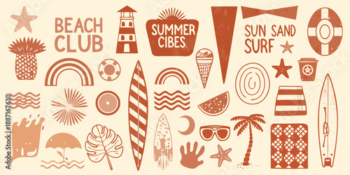 A vibrant summer collection with beach elements surfboards and tropical motifs