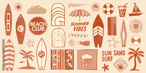 A collection of summer themed illustrations including surfboards beach and sun icons