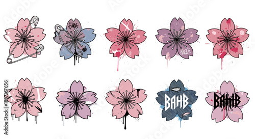 Collection of pink purple and blue watercolor floral illustrations