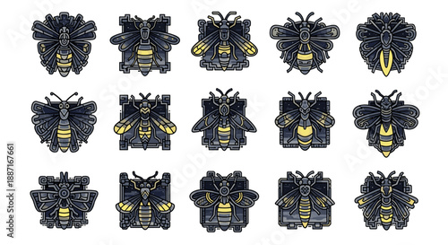 Collection of black and yellow bees with detailed wings and bodies