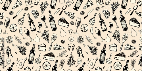 A delightful pattern of wine cheese fruit and culinary items