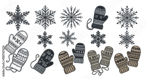 Collection of winter mittens and snowflakes