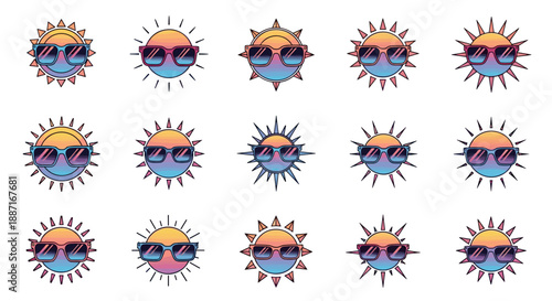 Collection of colorful cartoon sun icons with various facial expressions